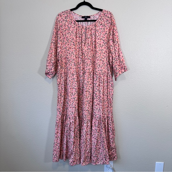 Ellos Pink Ditsy Floral Tiered Midi Dress Womens 18/20 Cottage Prairie Casual - Picture 1 of 7